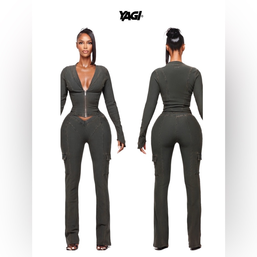 Olive Green Straight-Leg Cargo Jumpsuit with Front Zip